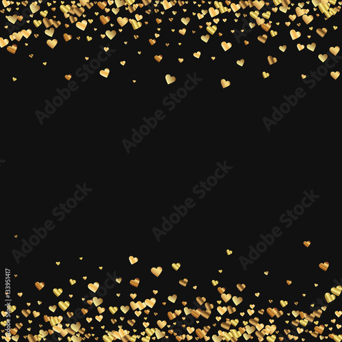 Gold gradient hearts confetti. Borders on black valentine background. Vector illustration.