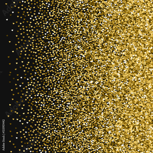Golden glitter made of hearts. Right gradient on black valentine background. Vector illustration.