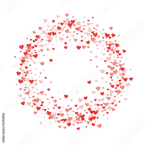 Red hearts confetti. Circle frame on white valentine background. Vector illustration.