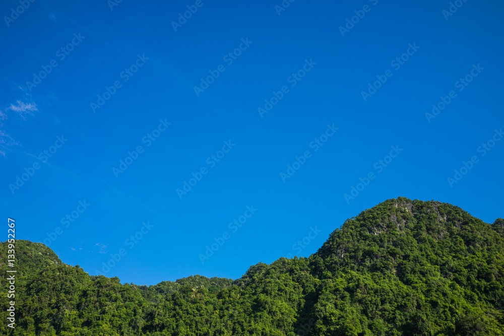 Blue sky over green mountain