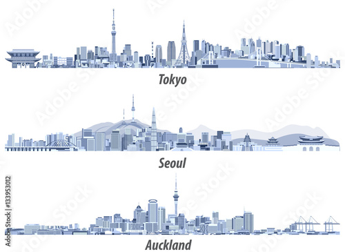 Tokyo, Seoul, Sydney and Auckland skylines in soft blue color palettes vector illustrations