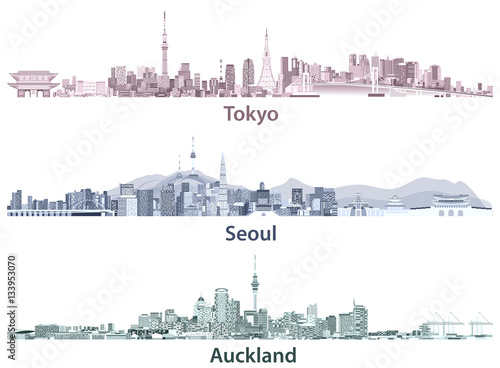 Tokyo, Seoul, Sydney and Auckland skylines in different color palettes
