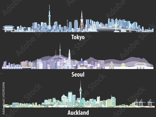 Tokyo, Seoul, Sydney and Auckland skylines at night in different color palettes vector illustrations