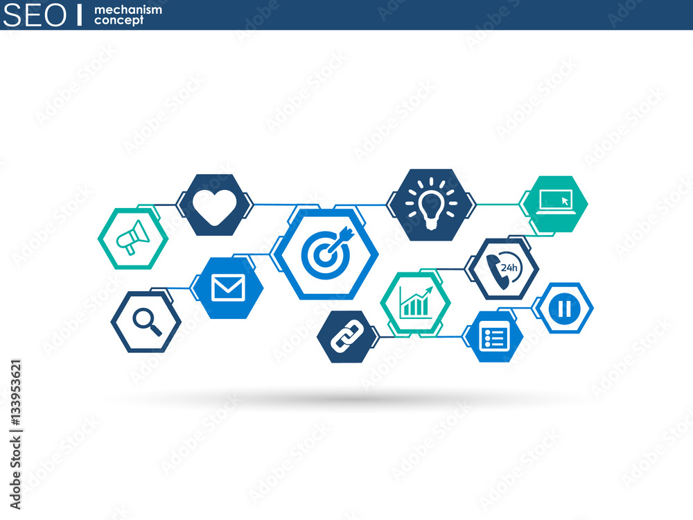 SEO mechanism concept. Abstract background with integrated gears and icons for strategy, digital, internet, network, connect, analytics, social media and global concepts. SEO mechanism concept. Abstract background with integrated gears and icons for strategy, digital, internet, network, connect, analytics, social media and global concepts.