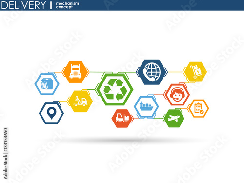 Delivery mechanism concept. Abstract background with connected gears and icons for logistic, service, strategy, shipping, distribution, transport, market, communicate concepts. Vector interactive.