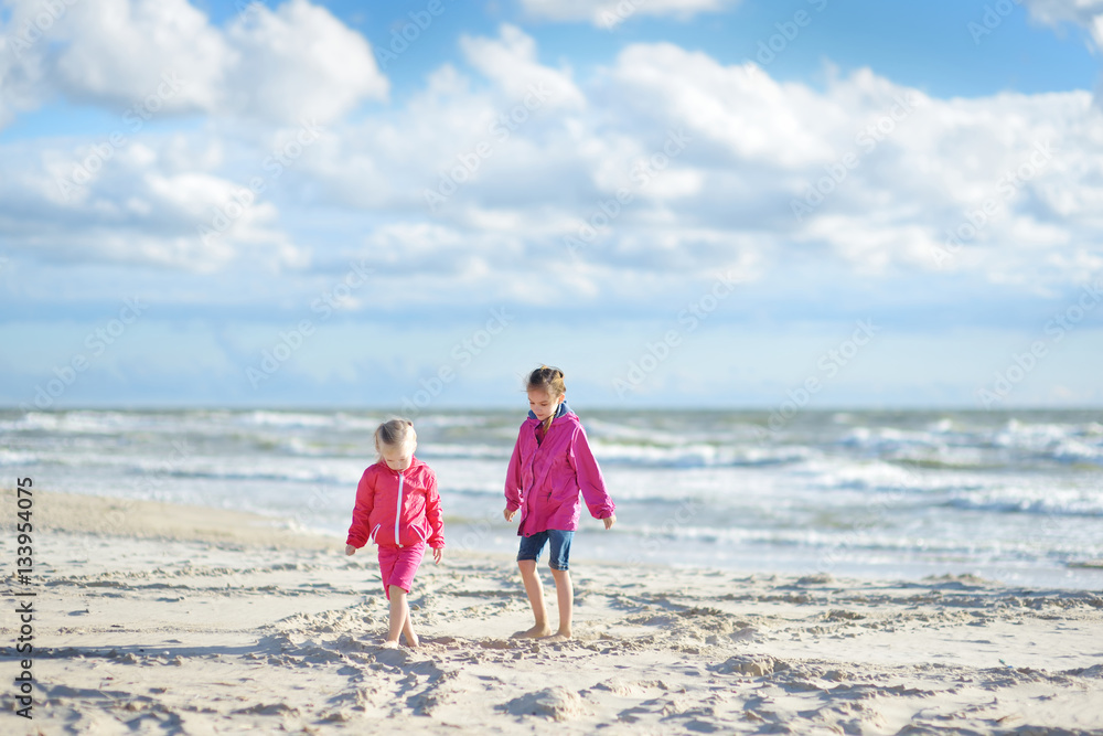 Two little sisters having fun on a sandy beach of Baltic sea