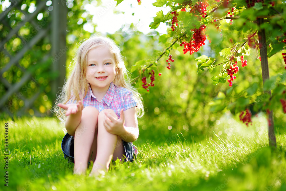Cute little girl picking red currants in a garden Cute little girl picking red currants in a garden