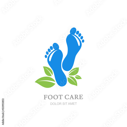 Womens foot care vector logo, label design. Female sole and green leaves. Concept for beauty salon, pedicure cosmetics, organic body care.