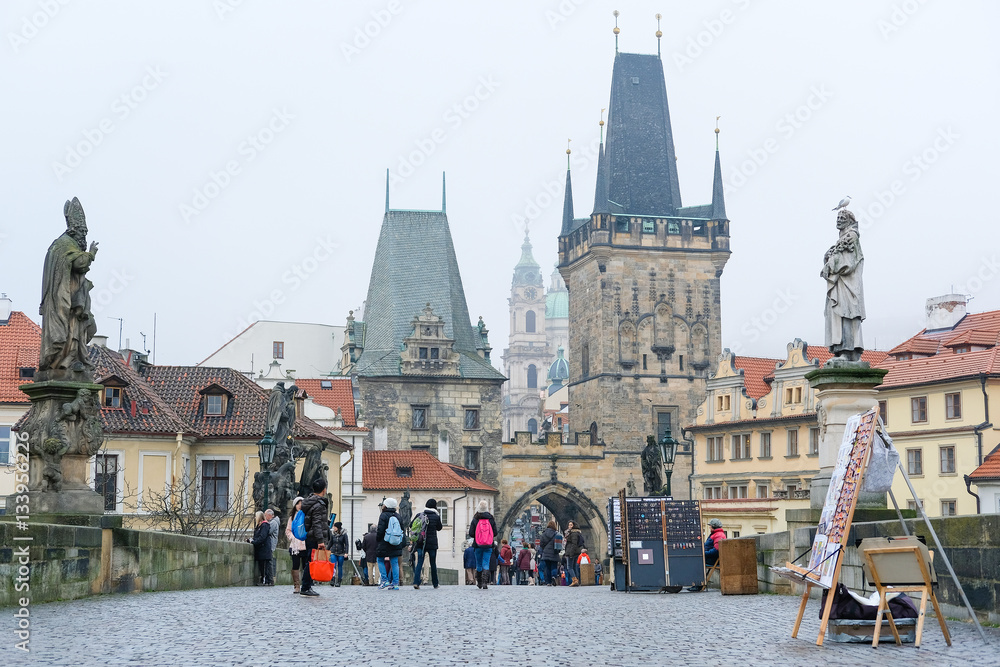 Prague, Czechia - November, 21, 2016: monument on Charles bridge in a center of Prague, Czechia