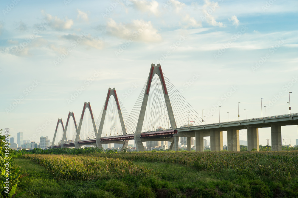 Fototapeta premium Nhat Tan bridge viewing from wild land on Red River riverbed