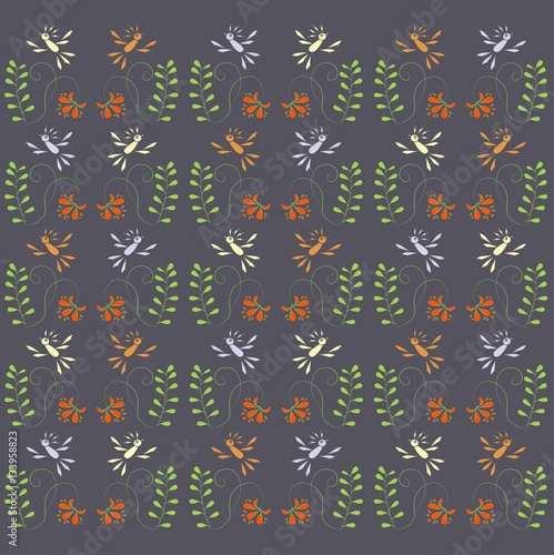 Floral ethnic texture, green leafs, red flowers, yellow, violet birds on dark blue, stock vector illustration