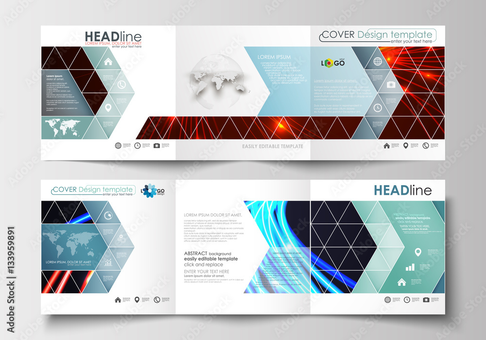 Set of business templates for tri-fold square brochures. Leaflet cover, flat layout, easy editable blank. Abstract lines background with color glowing neon streams, motion design vector.