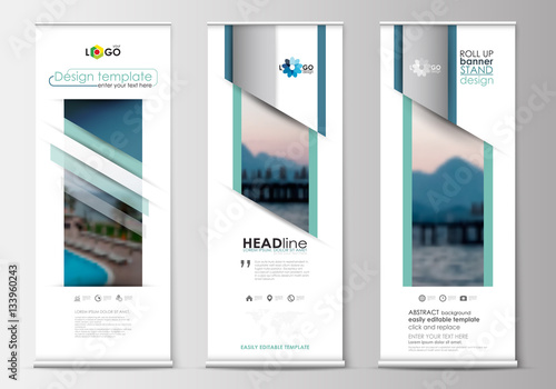 Roll up banner stands, flat design, abstract geometric templates, modern business layouts, corporate vertical vector flyers. Blue color travel decoration, easy editable, colorful natural landscape.