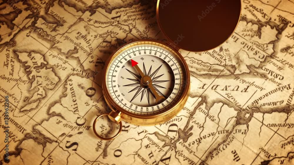 Golden Compass On The Map Indicating Direction. 3D Animation. Golden Compass On The Map Indicating Direction. 3D Animation.