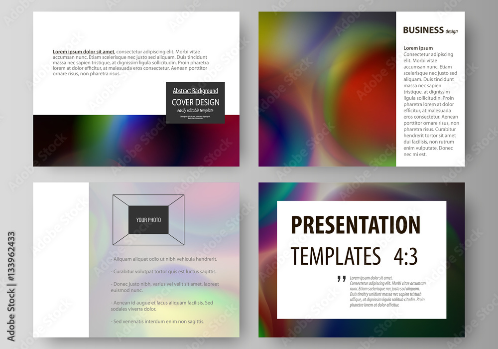 Set of business templates for presentation slides. Easy editable layouts in flat style, vector illustration. Colorful design background with abstract shapes, bright cell backdrop.