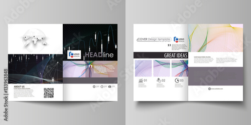 Business templates for bi fold brochure, flyer, report. Cover design template, vector layout in A4 size. Colorful abstract infographic background with lines, symbols, charts and other elements.