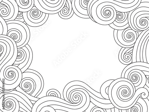 Abstract hand drawn frame, border with outline sea wave background isolated on white. Horizontal composition.