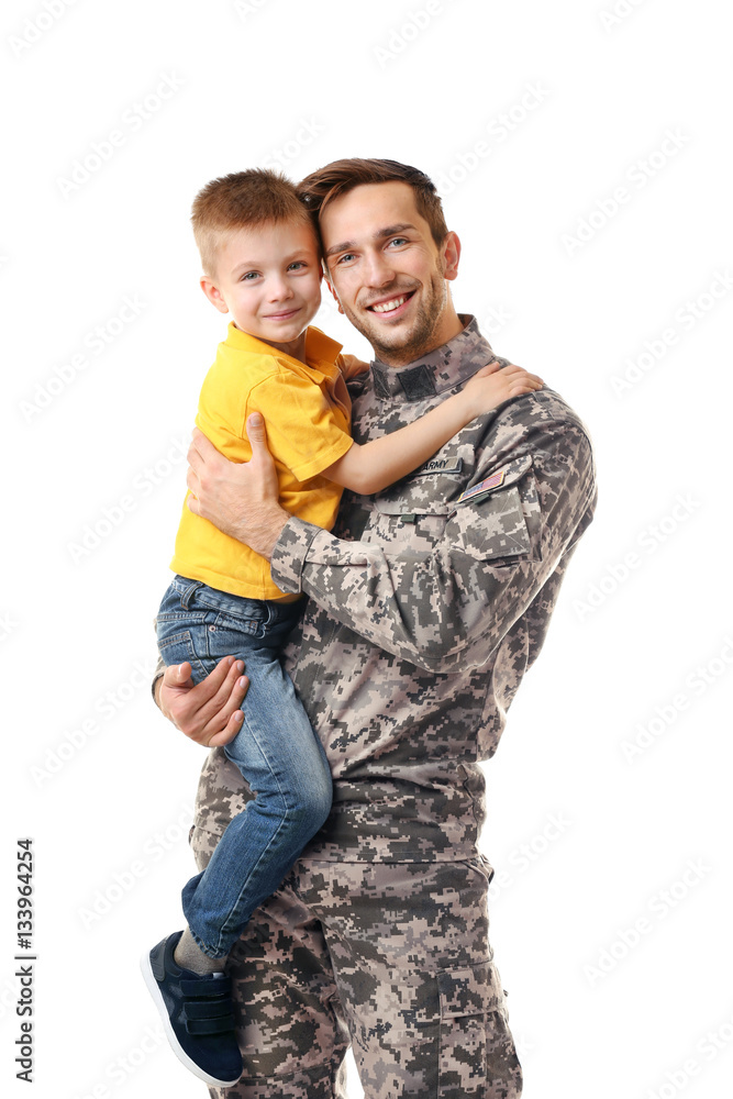 Military father with his son on white background Military father with his son on white background
