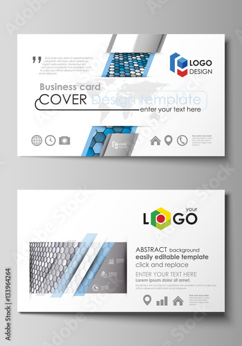Business card templates. Easy editable layout, vector template. Blue and gray color hexagons in perspective. Abstract polygonal style modern background.