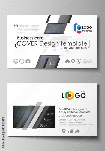 Business card templates. Easy editable layout, vector design template. Colorful dark background with abstract lines. Bright color chaotic, random, messy curves. Colourful decoration.