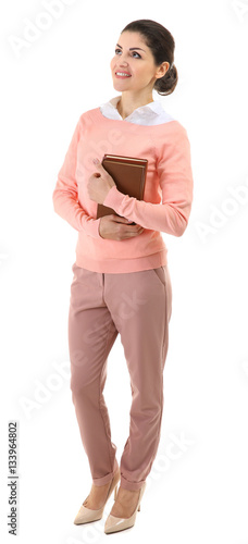 Young teacher on white back...