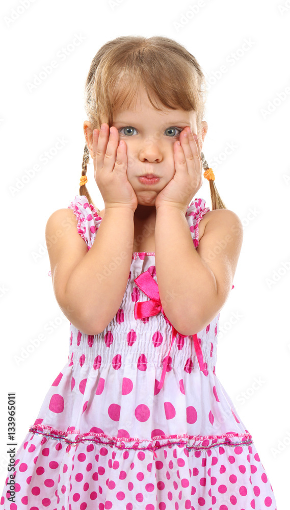 Cute little girl in beautiful dress isolated on white Cute little girl in beautiful dress isolated on white