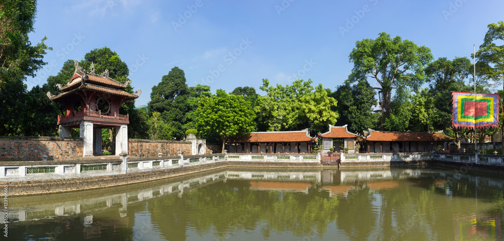 Panorama view of third courtyard in ancient Temple of Literature (Van Mieu), with the Thien Quang well and the red Khue Van pavilion, two great halls which house the treasures of the temple