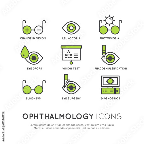 Vector Icon Style Illustration Set of Ophthalmology Healthcare, Medical Diagnosis, Human Vision Concept