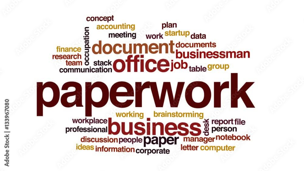 Paperwork animated word cloud, text design animation. Paperwork animated word cloud, text design animation.