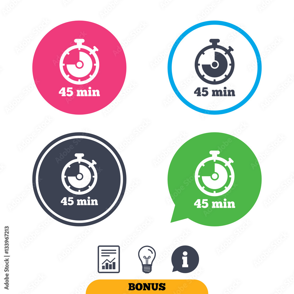 Timer sign icon. 45 minutes stopwatch symbol. Timer sign icon. 45 minutes stopwatch symbol.