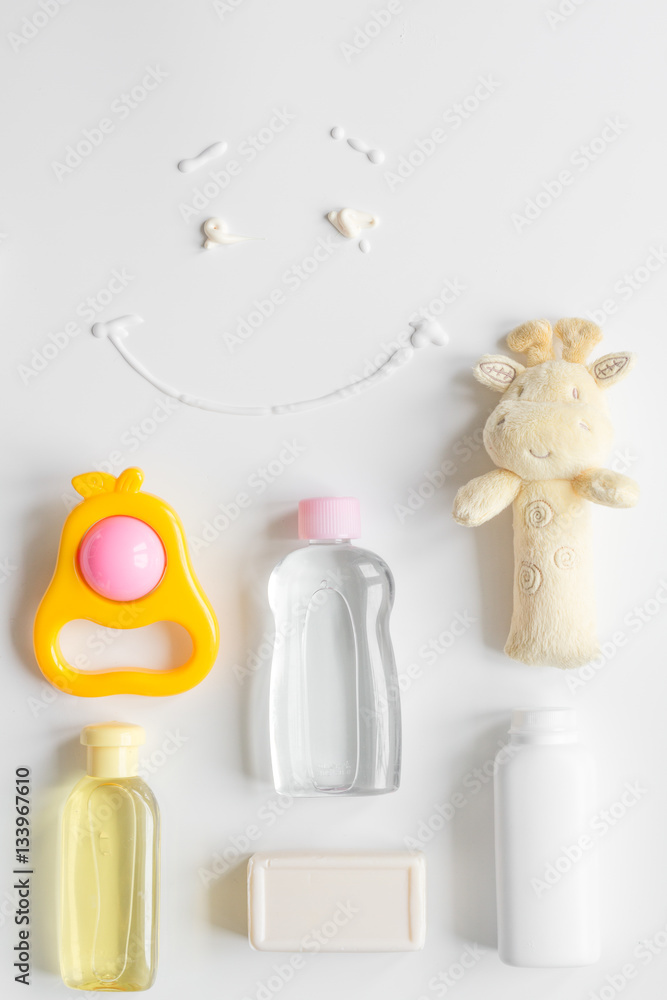 baby organic cosmetic for bath on white bakground top view baby organic cosmetic for bath on white bakground top view