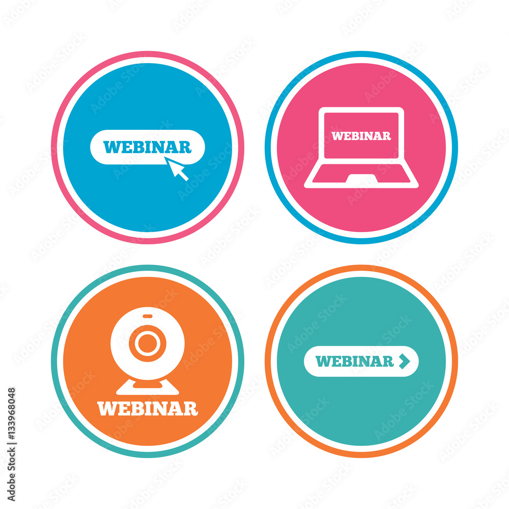 Webinar icons. Web camera and notebook pc signs. Webinar icons. Web camera and notebook pc signs.