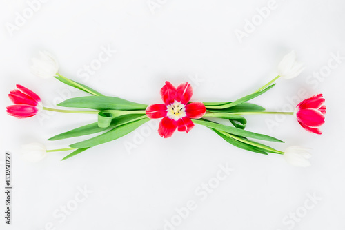 Pattern with flowers isolated on white background. Flat lay  Top view.