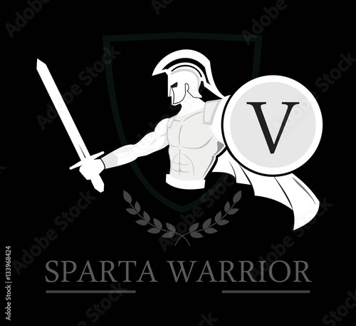 Spartan Warrior holding shield and sword over the shield icon and  laurel wreath. "V" letter on the white shield, symbolizing Victory, Viva etc. You can replace the "V" with your initial group.