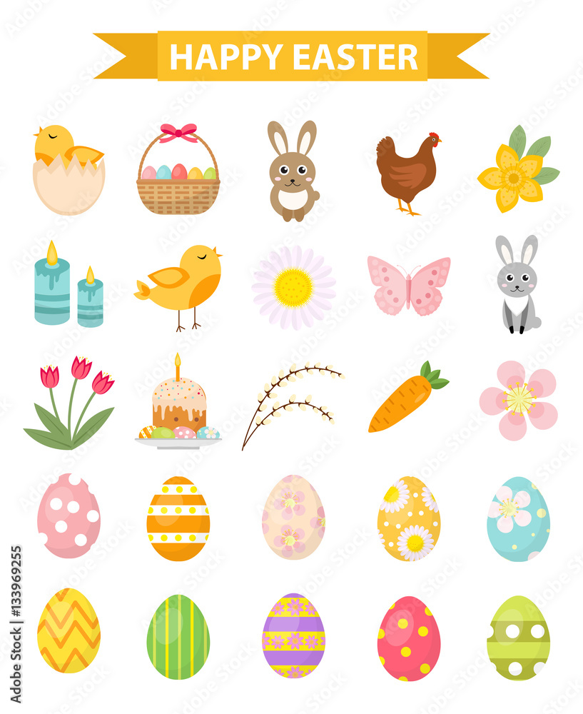 Easter icon set, flat style. Isolated on white background. Vector illustration Easter icon set, flat style. Isolated on white background. Vector illustration