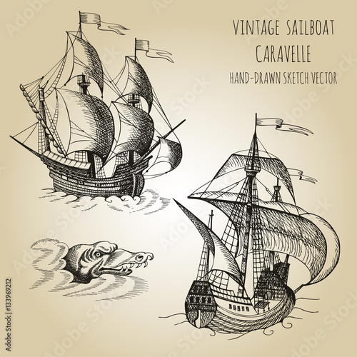 Old caravel, vintage sailboat. Hand drawn vector sketch.