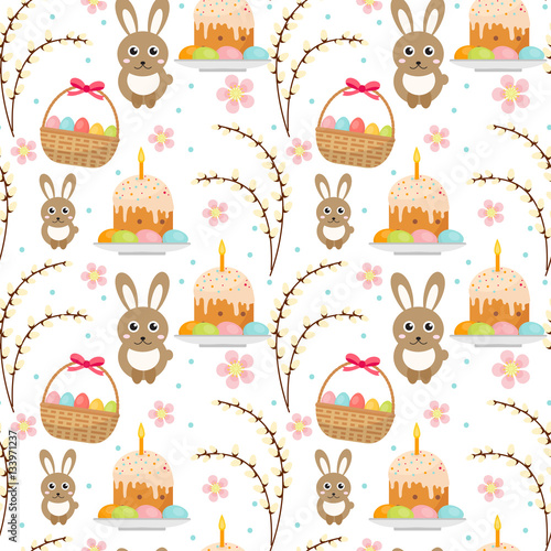 Easter seamless pattern with rabbit, egg basket, cake, pussy willow. Endless Spring background, texture, digital paper. Vector illustration