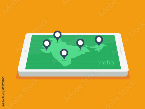 Smartphone with map of india and location markers vector illustration in flat style