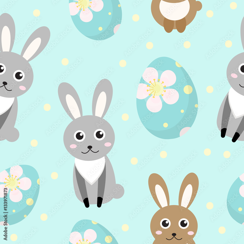 Cute Easter seamless pattern with rabbit and eggs, endless backdrop. Holiday background, texture, digital paper. Vector illustration Cute Easter seamless pattern with rabbit and eggs, endless backdrop. Holiday background, texture, digital paper. Vector illustration