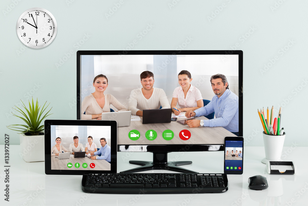 Computer Desktop With Digital Tablet And Mobilephone On Desk Computer Desktop With Digital Tablet And Mobilephone On Desk