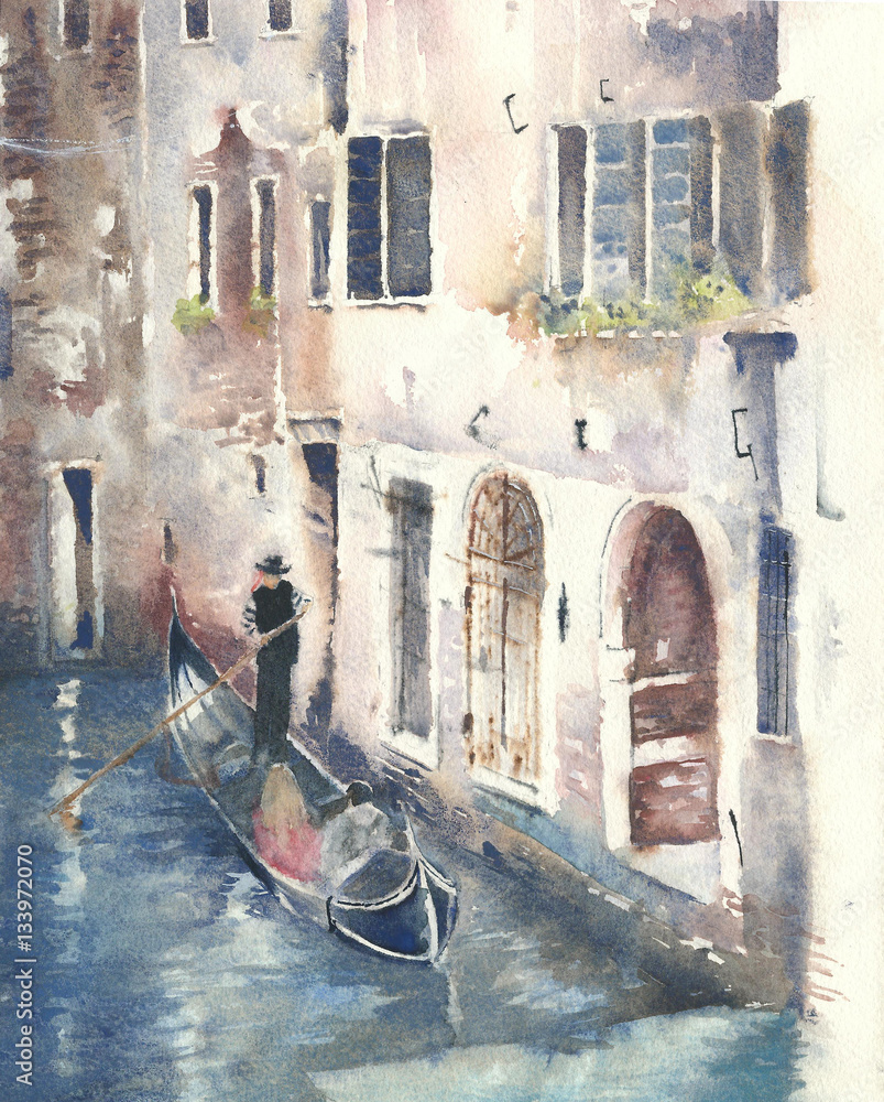 Fototapeta Venice canal with gondola watercolor painting illustration 