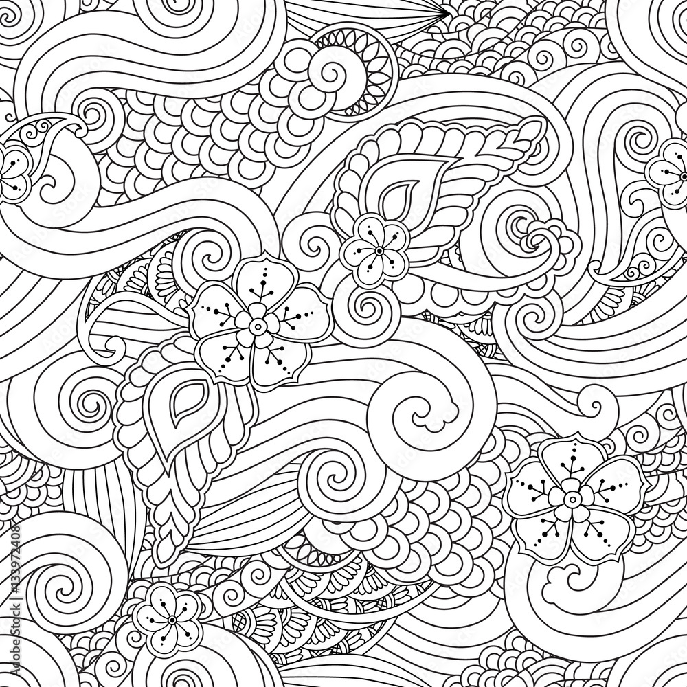 Abstract hasian stylized ornament seamless pattern with flowers and curls isolated on white background.