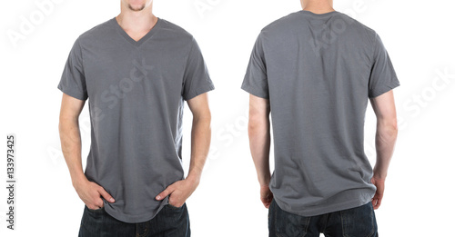 Young man wearing a gray v neck tee shirt, front and back view
