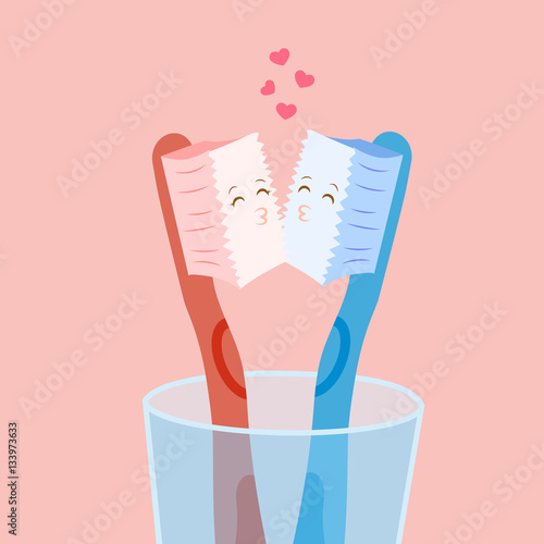 cute cartoon toothbrush kiss toghter photo