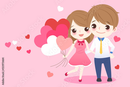 cartoon couple take heart balloon