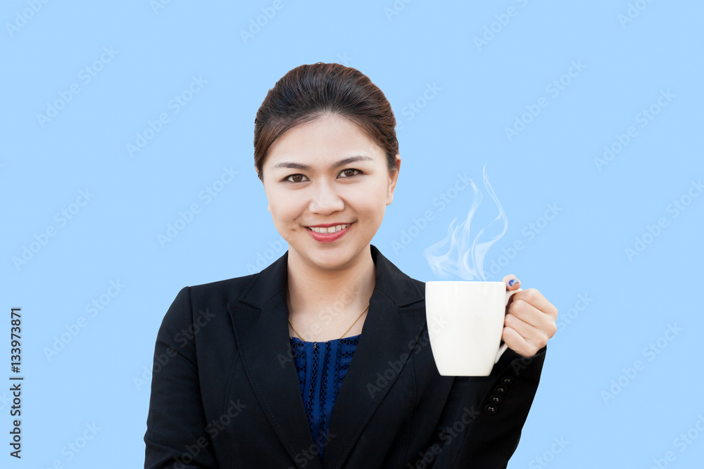 Business woman showing coffee cup with smiling in isolated Business woman showing coffee cup with smiling in isolated
