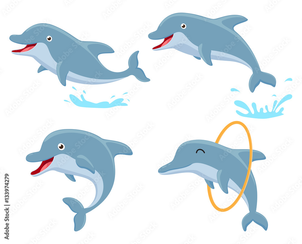 Fototapeta premium Zestaw kolekcja kreskówka ładny delfinów