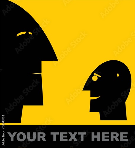 superior and inferior.simple flat design of superior and inferior person.simple human heads silhouette showing the dominant person and inferior one on red background. anxiety. Domination. Dominated.