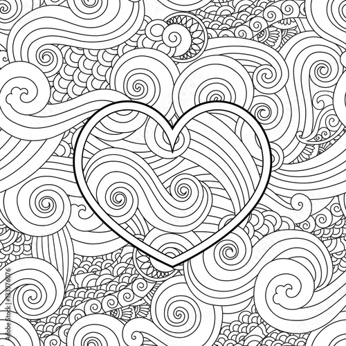 Coloring page with heart and asian wave curl ornament. Happy valentine day love card.
