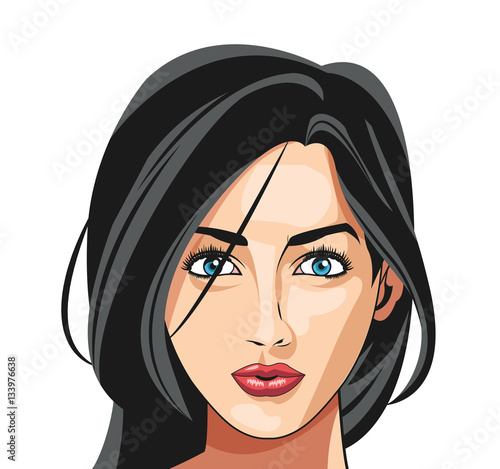 face girl blue eyes black hair long attractive vector illustration eps 10